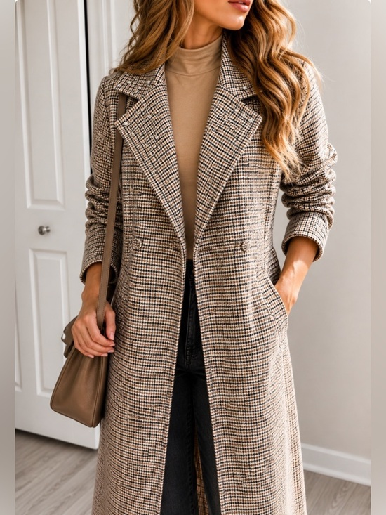 VENUS Jackets & Blazers - VENUS Houndstooth Longline Trench Coat Chic Neutral Plaid Jacket